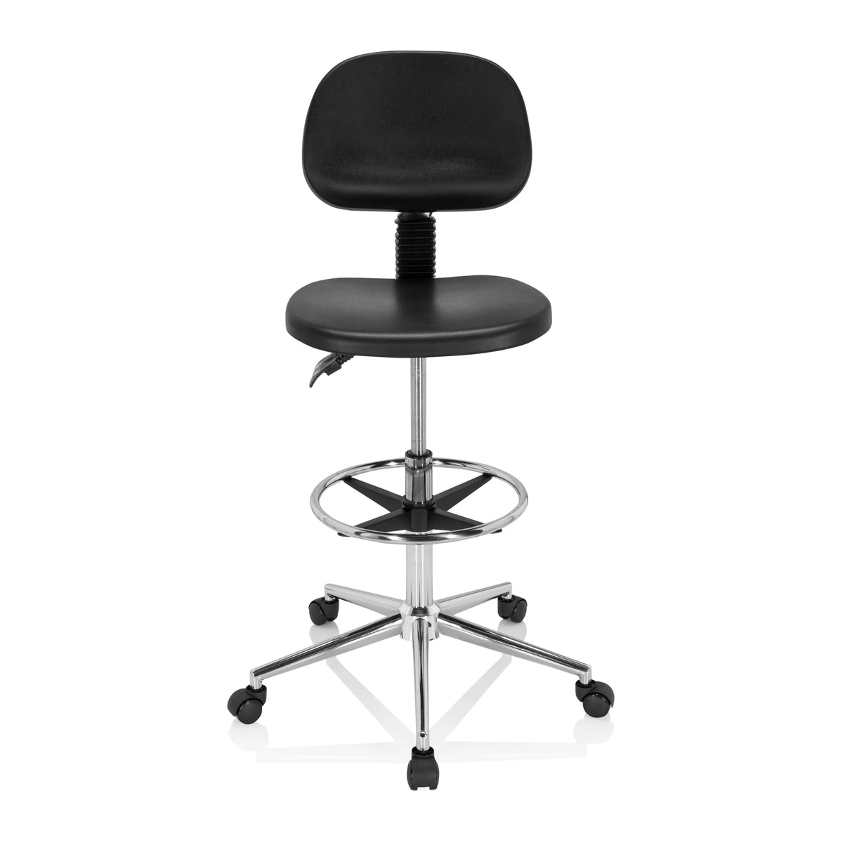 Svart bardiskstol TOP WORK 24 I med fotring och femkorsfot med hjul från hjh OFFICE – 360-gradersvy (framifrån 0°)