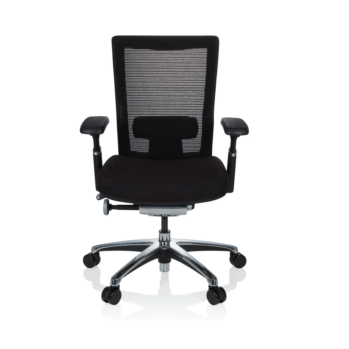 Svart hög kontorsstol NOVA PRO ALU med nätrygg och femhjulig stjärnfot från hjh OFFICE – 360-gradersvy (framifrån 0°)