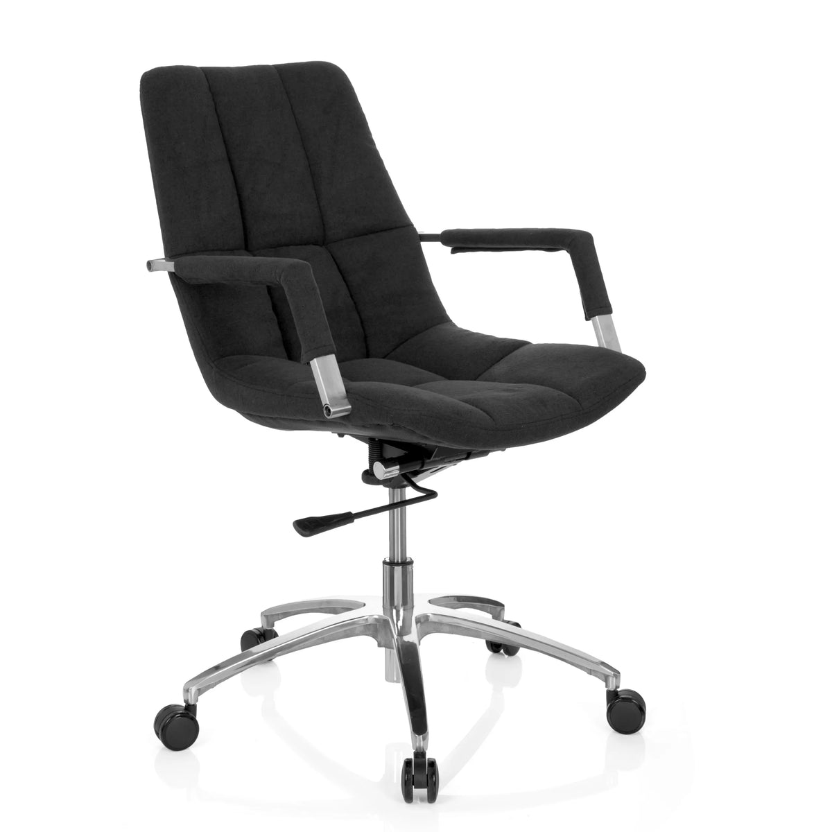 Svart Home Office kontorsstol SARANTO med tygbeklädnad och femhjulig fotkorsbas från hjh OFFICE – 360-gradersvy (snett framifrån 40°)