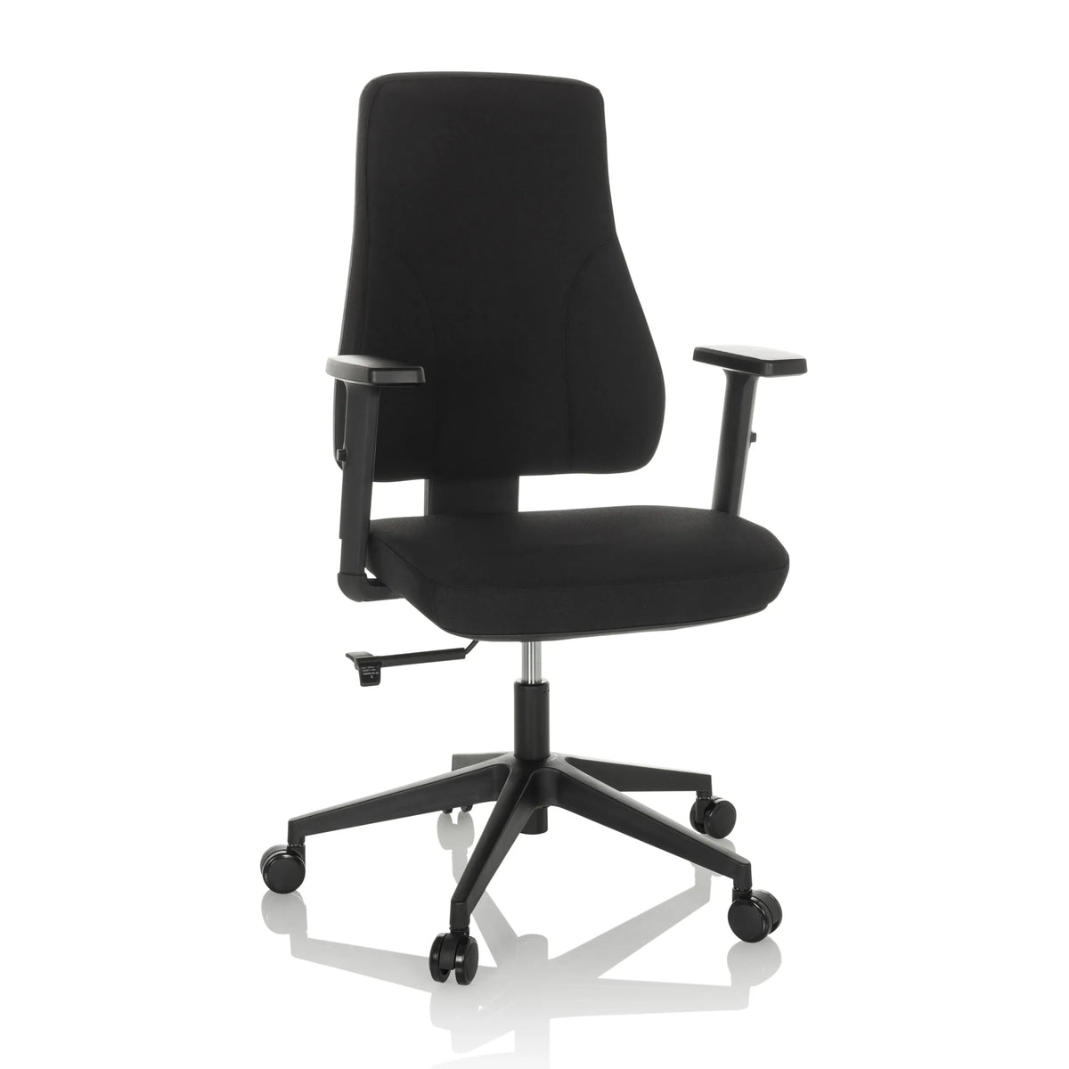 Svart Professionell kontorsstol MATHES med armstöd och femhjulig fotkorsbas från hjh OFFICE – 360-gradersvy (framifrån 15°)