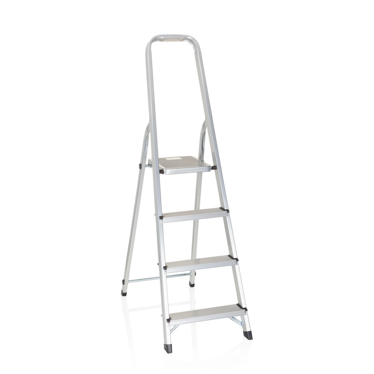 Silverfärgad Fällbar stege SOLID II i aluminium med fyra steg och handtag från hjh OFFICE – 360-gradersvy (framifrån 20°)