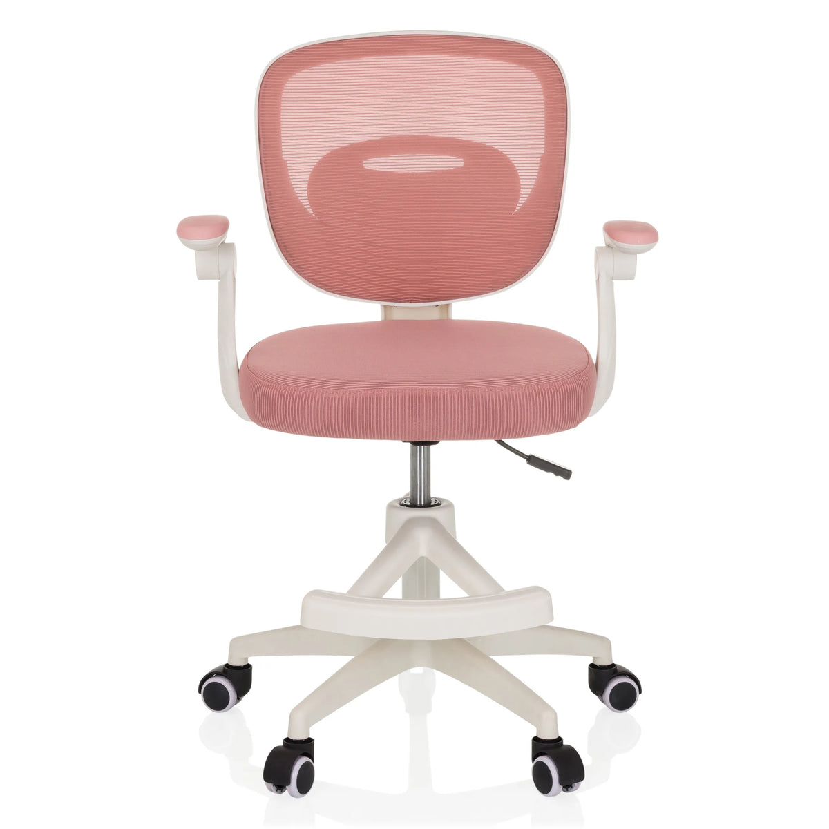 Rosa Snurrstol för barn KIDDY SMART med nätrygg och femhjulig stjärnfot från hjh OFFICE – 360-gradersvy (framifrån 0°)