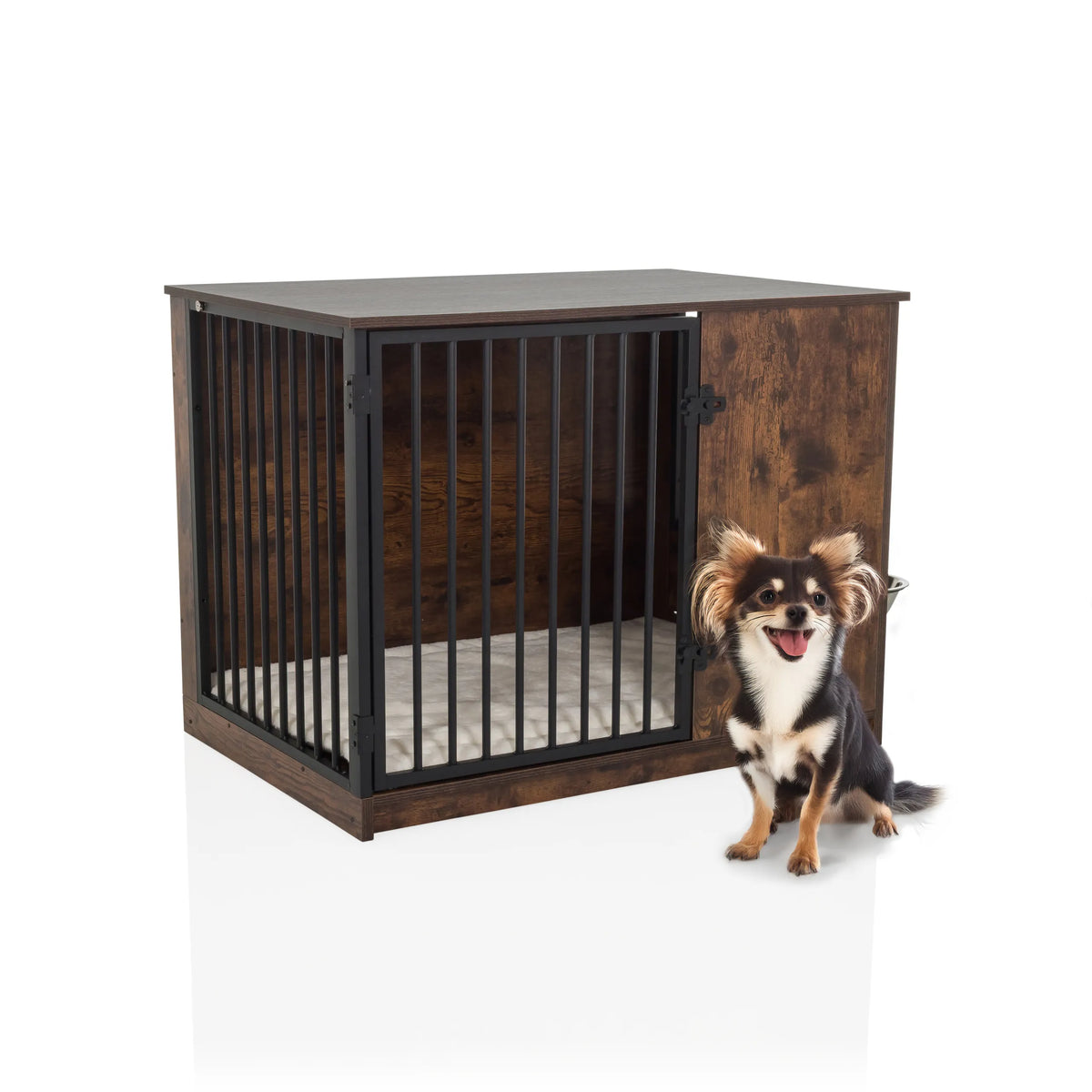 Brun hundbur PAWHOME S med galler och en liten hund bredvid från hjh LIVING