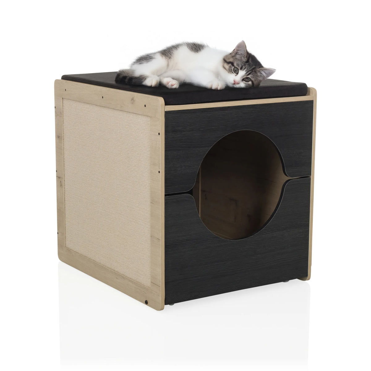 Katthus KITTY PAWBOX 2 i svart och ek med en liggande katt på taket från hjh LIVING