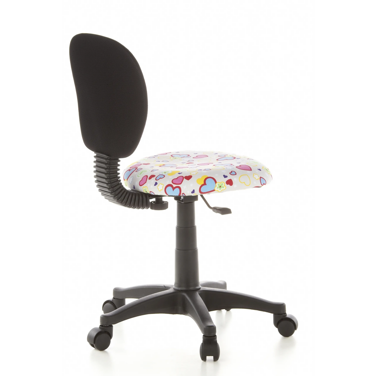 Snurrstol för barn KIDDY TOP med färgglatt hjärt- och blommönster samt femhjulig fotkorsbas från hjh OFFICE – 360-gradersvy (snett bakifrån 120°)