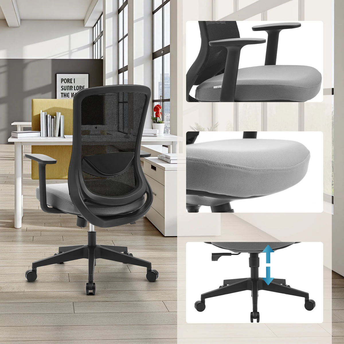 Home Office kontorsstol Sedito i svart-grå med justerbara armstöd och gasfjäder från hjh OFFICE