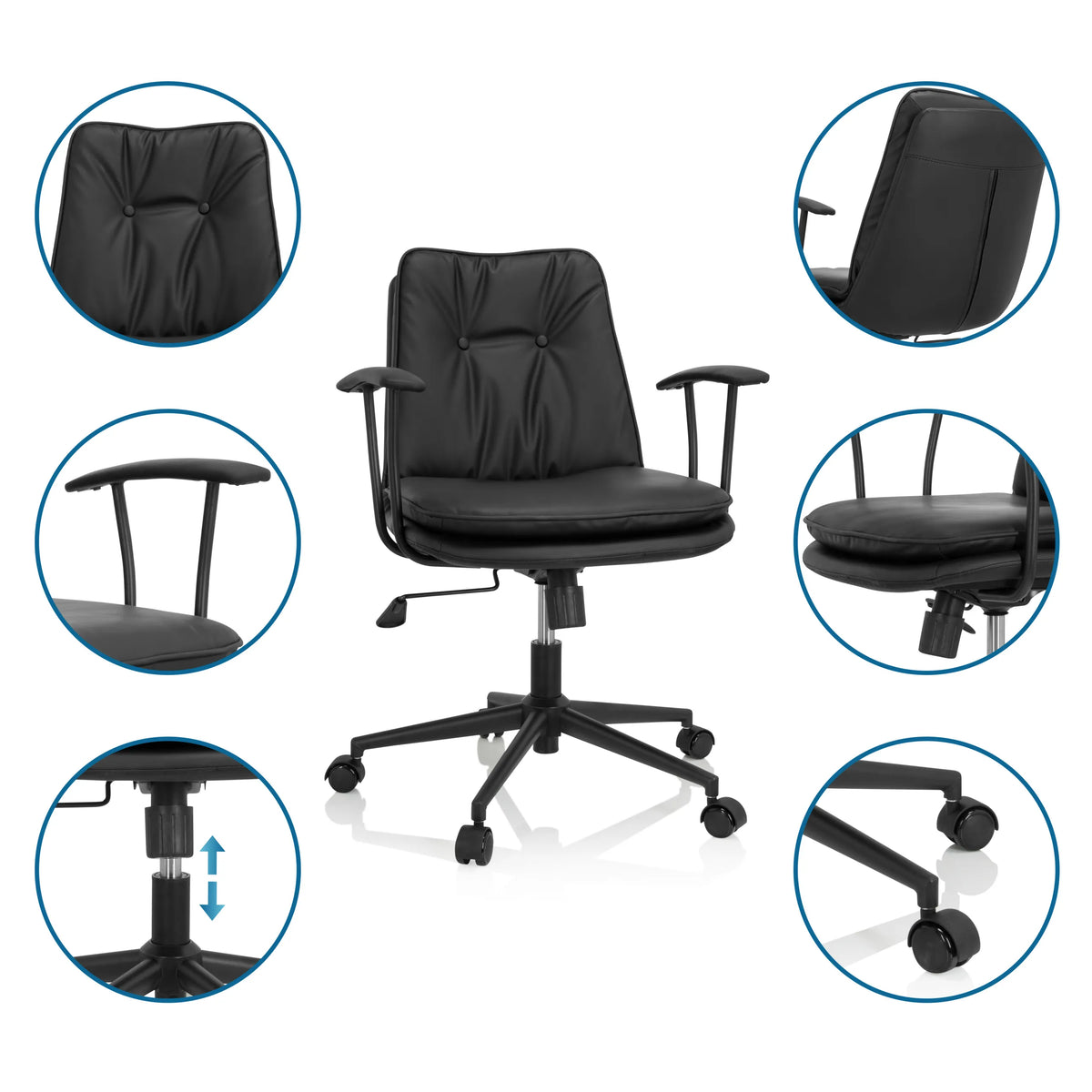 Svart Home Office kontorsstol SMALLO med detaljvyer av ryggstöd, armstöd och hjul från hjh OFFICE