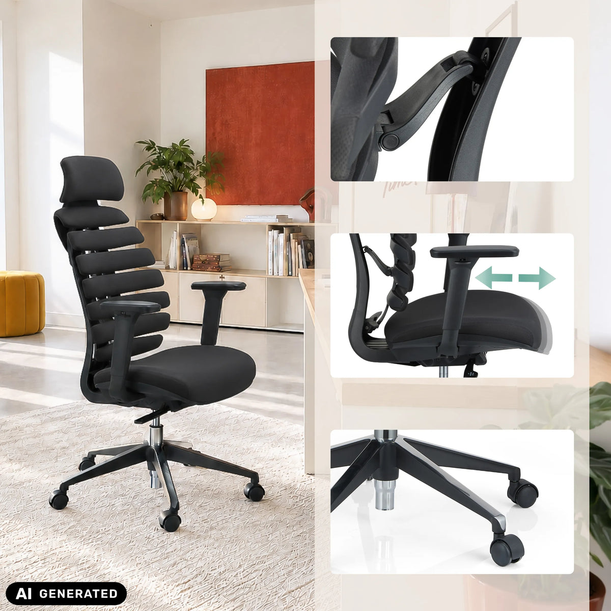 Professionell kontorsstol ERGO LINE II PRO i svart med justerbara armstöd och underrede med hjul från hjh OFFICE