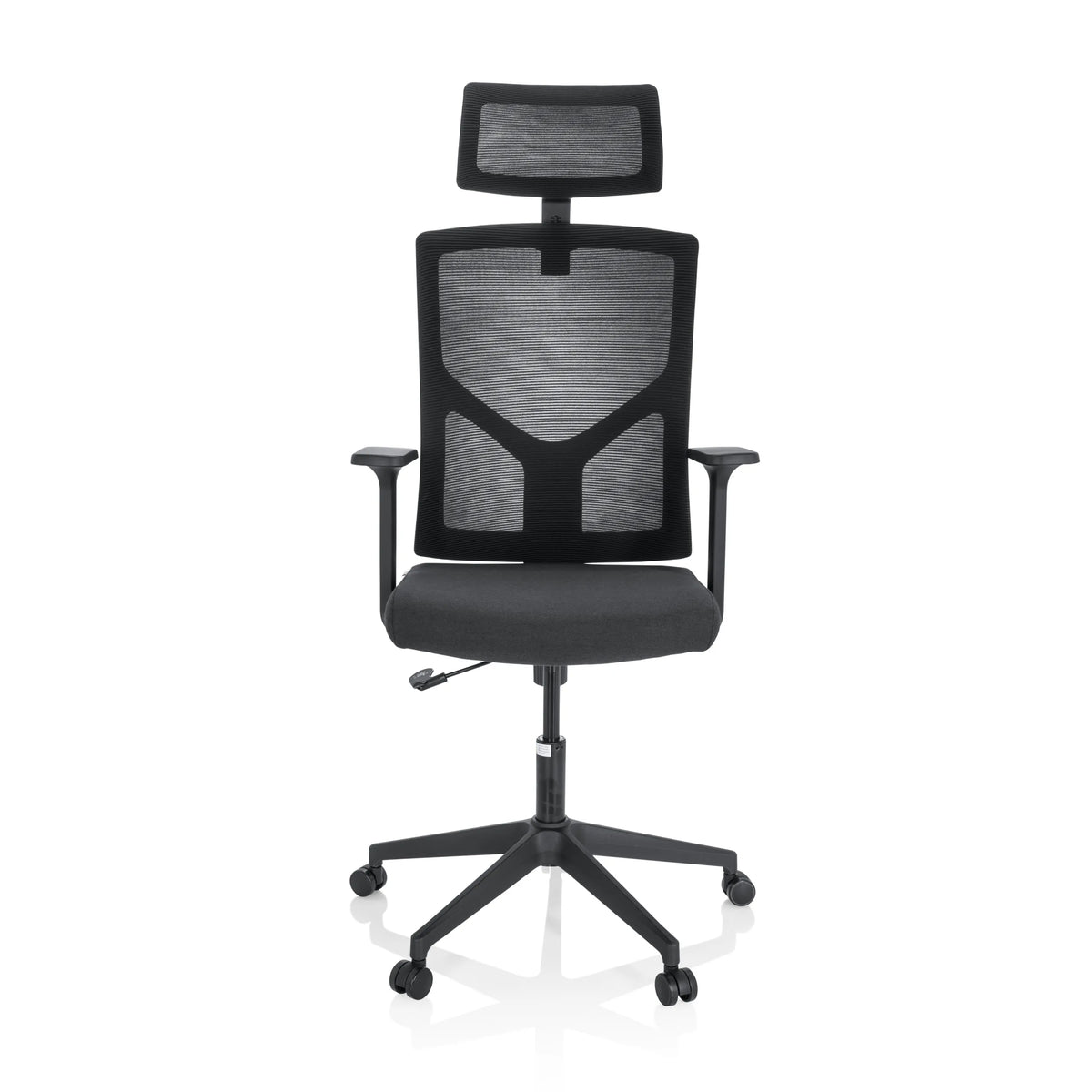 Svart Home Office kontorsstol BRETON B med nätrygg, nackstöd och femhjulig fotkorsbas från hjh OFFICE – 360-gradersvy (framifrån 0°)