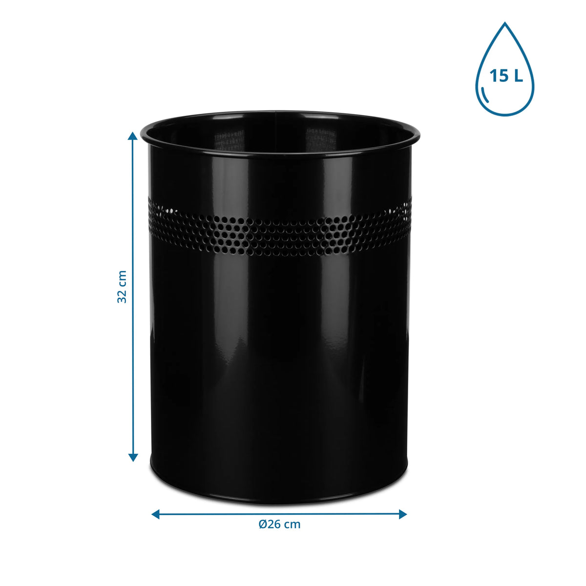 Måttvy av Papperskorg CLEAN III med 32 cm höjd, 26 cm diameter och 15 L volym från hjh OFFICE