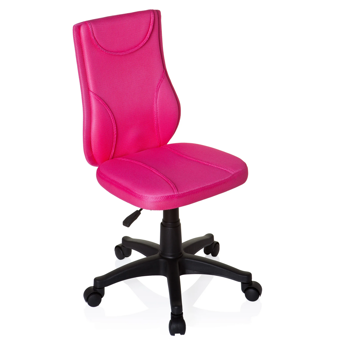 Rosa Snurrstol för barn KIDDY BASE med nätrygg och svart femstjärnigt fotkors med hjul från hjh OFFICE – 360-gradersvy (snett framifrån 40°)