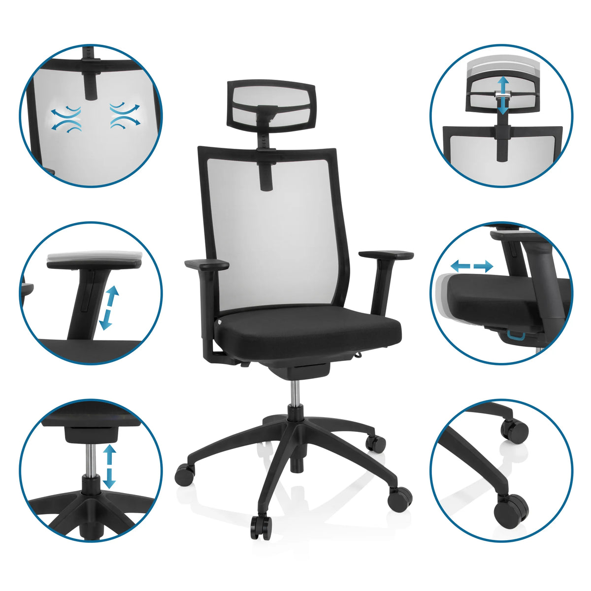 Professionell kontorsstol ASPEN PRO i svart med olika inställningsmöjligheter från hjh OFFICE