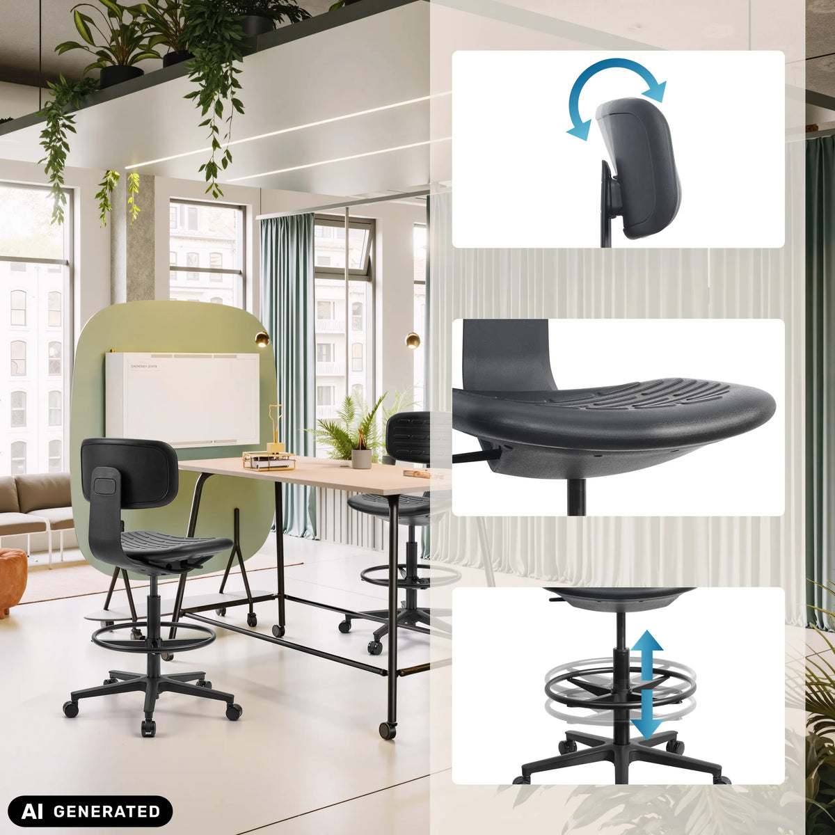 Svart TOP WORK B bardiskstol med fotring och höjdjustering från hjh OFFICE (AI-genererad bild)
