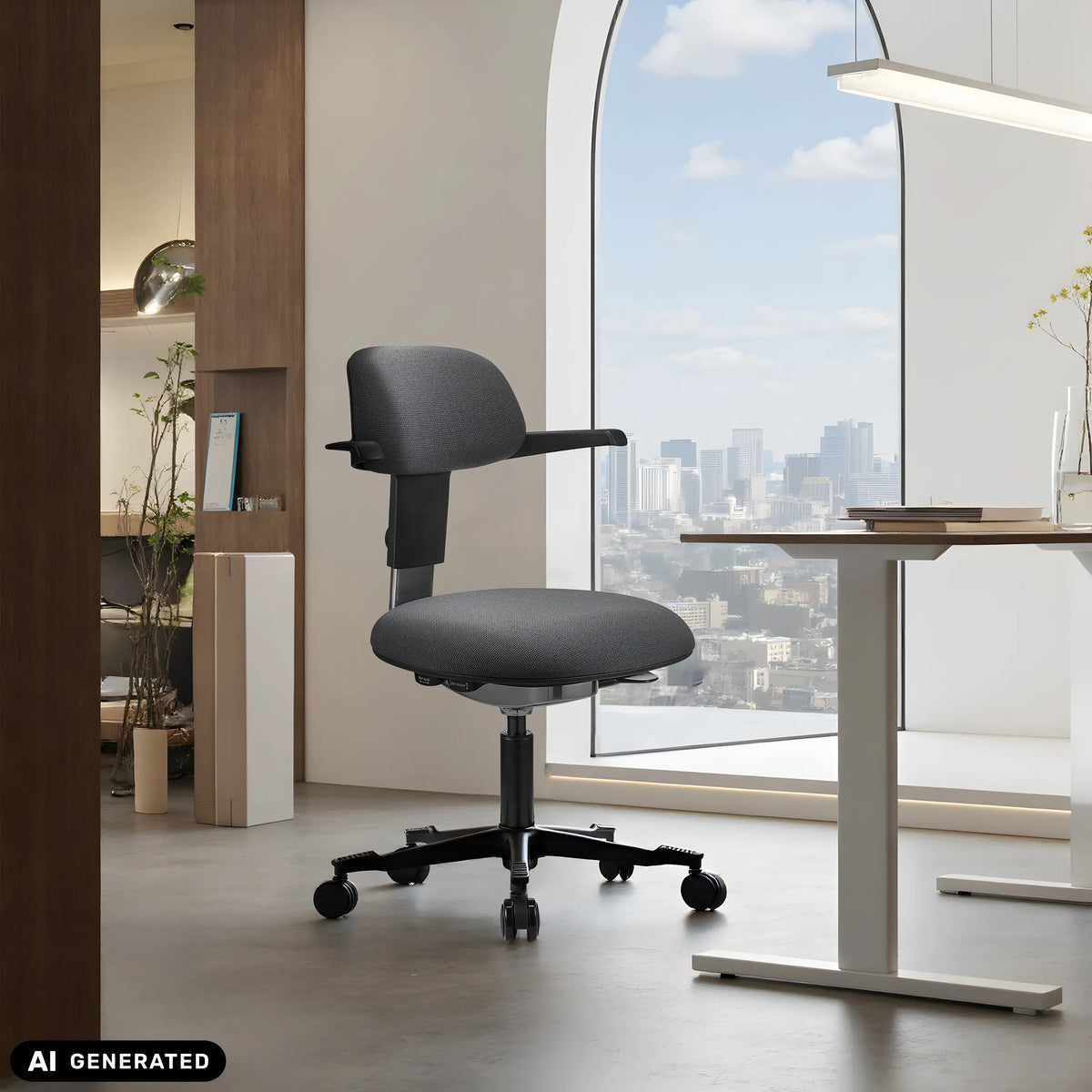 Mörkgrå WORK 40 arbetsstol med armstöd och hjul framför ett fönster från hjh OFFICE (AI-genererad bild)