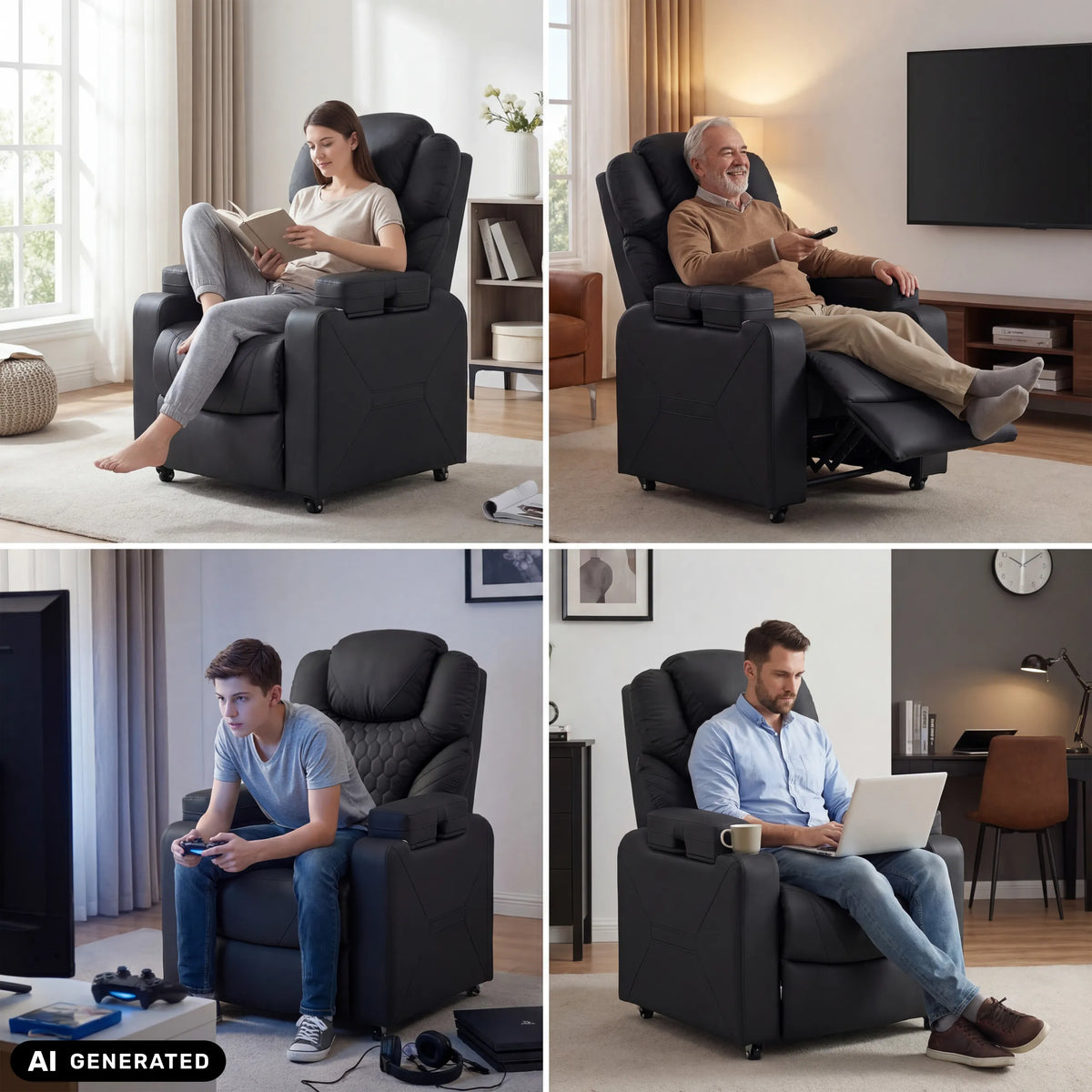 Svart Game Sport RX loungefåtölj i olika användningssituationer från hjh OFFICE (AI-genererad bild)