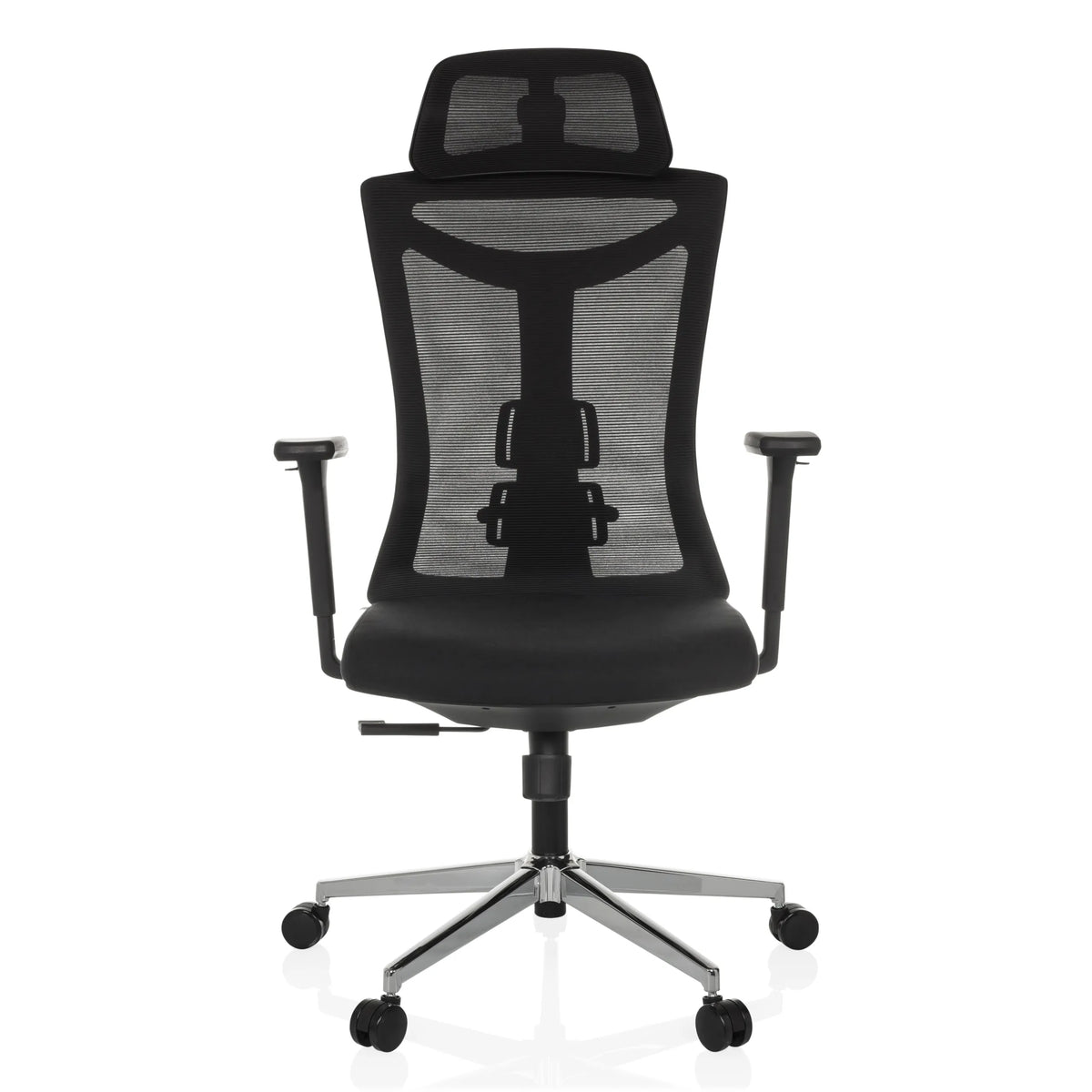 Svart Professionell kontorsstol KAMIAK med nätrygg och femstjärnig fotkorsbas med hjul från hjh OFFICE – 360-gradersvy (framifrån 0°)