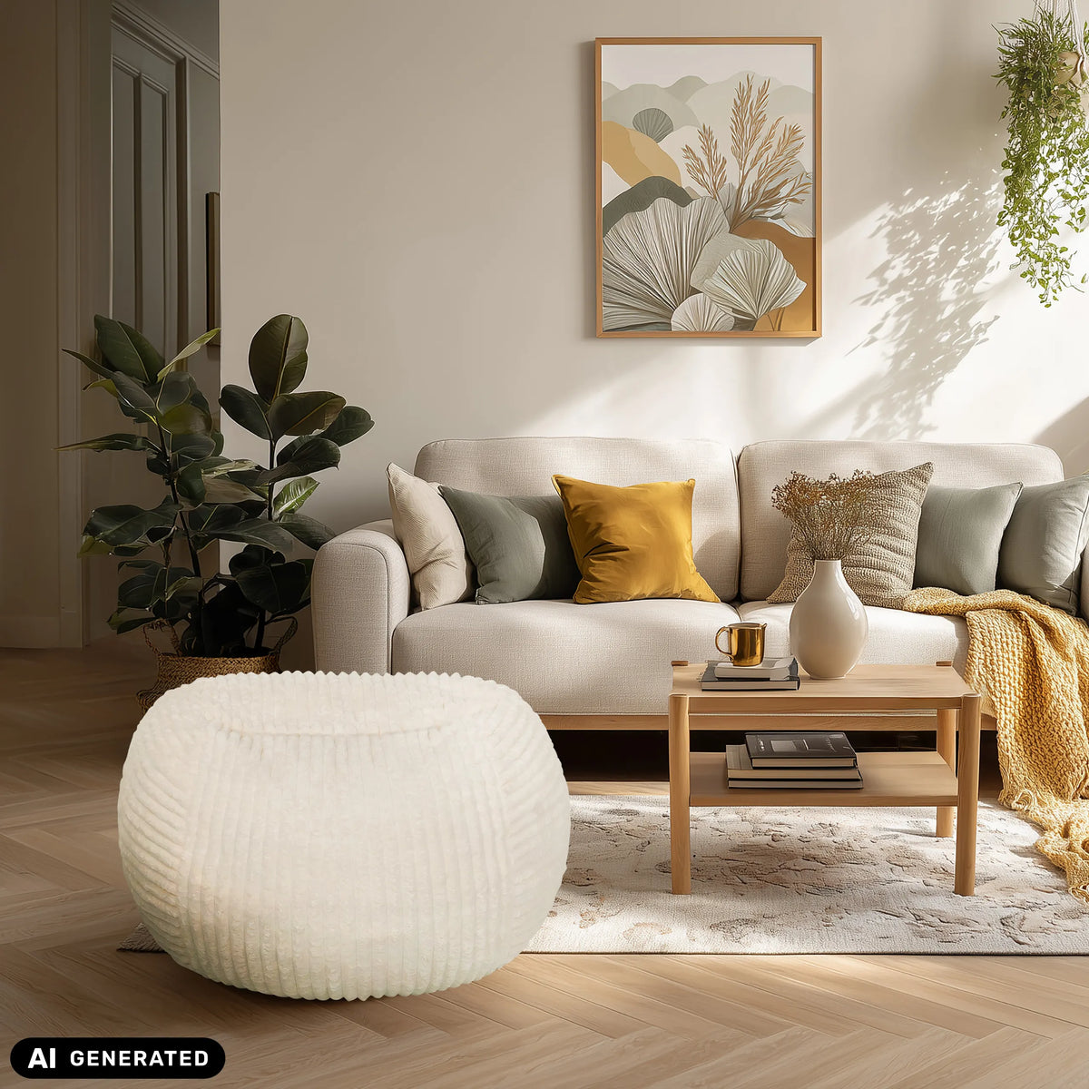 Beige sittsäck Sitzolo R i ett vardagsrum från hjh LIVING (AI-genererad bild)