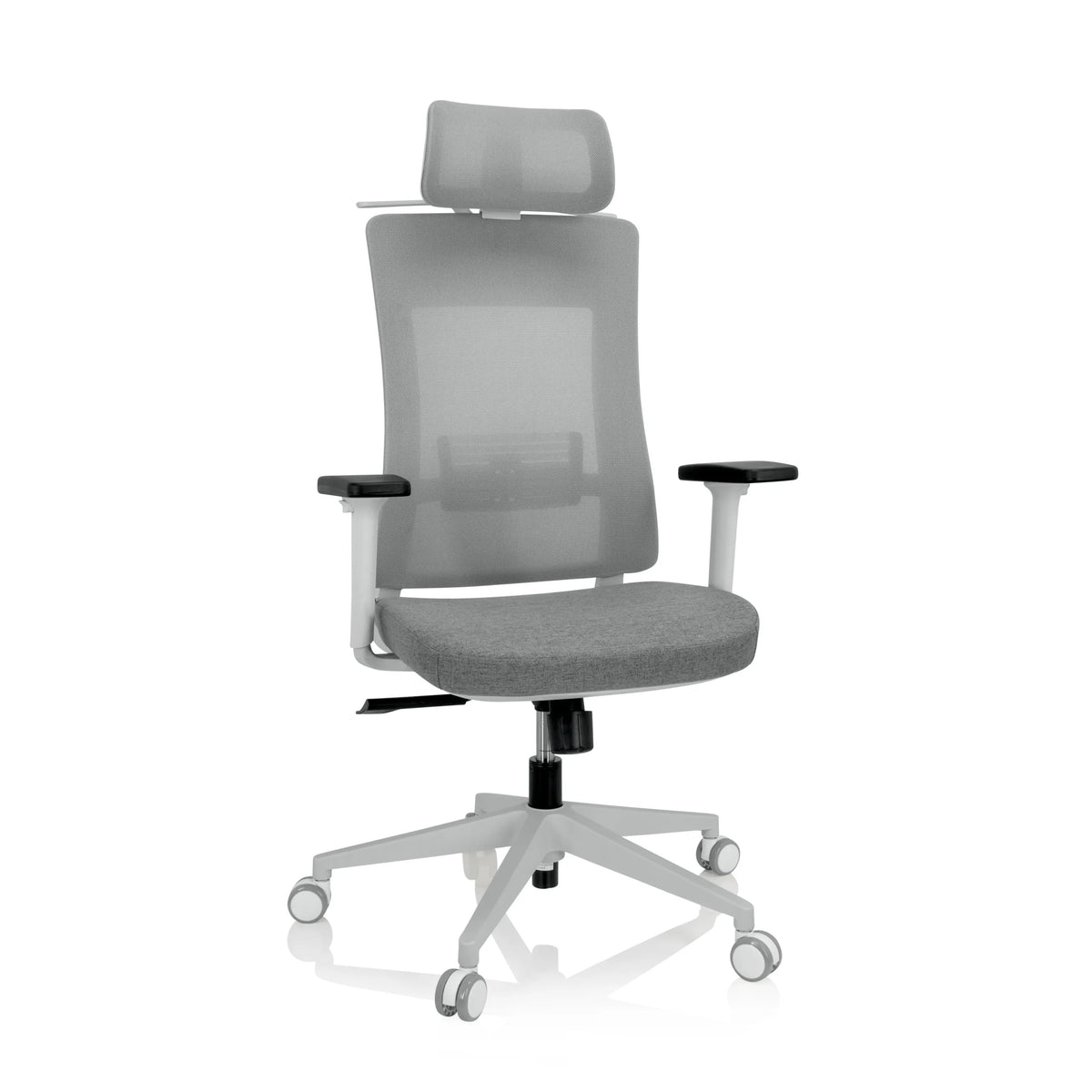 Grå Professionell kontorsstol COMFIO WMH med nätrygg, nackstöd och femhjulig fotkorsbas från hjh OFFICE – 360-gradersvy (framifrån 20°)