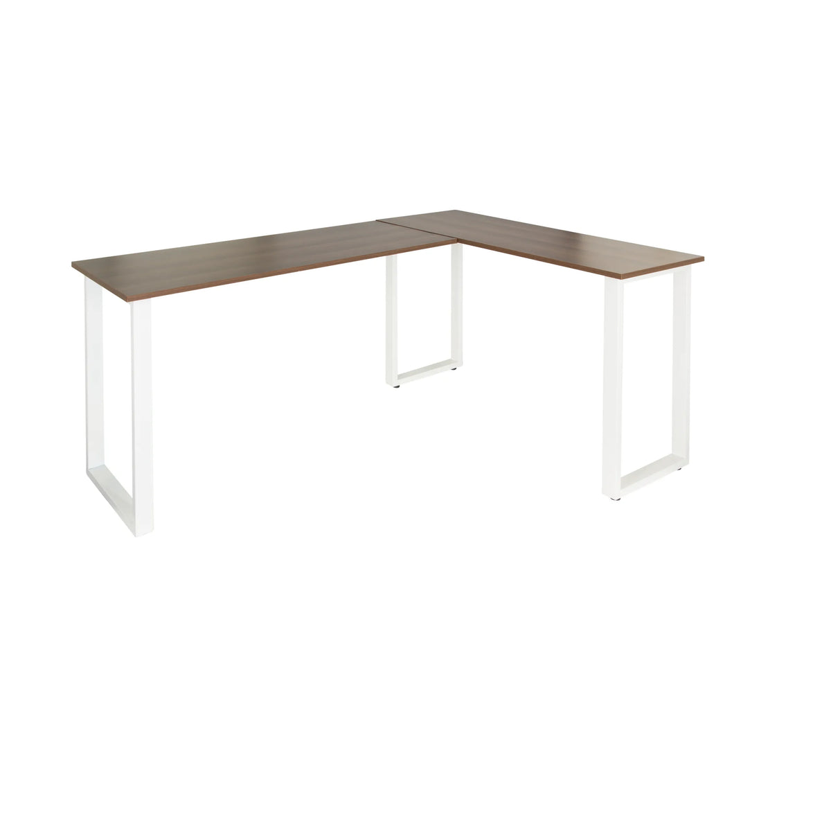 Hörnskrivbord WORKSPACE BASIC I i valnötseffekt med vita U-ben från hjh OFFICE – 360-gradersvy (framifrån 0°)