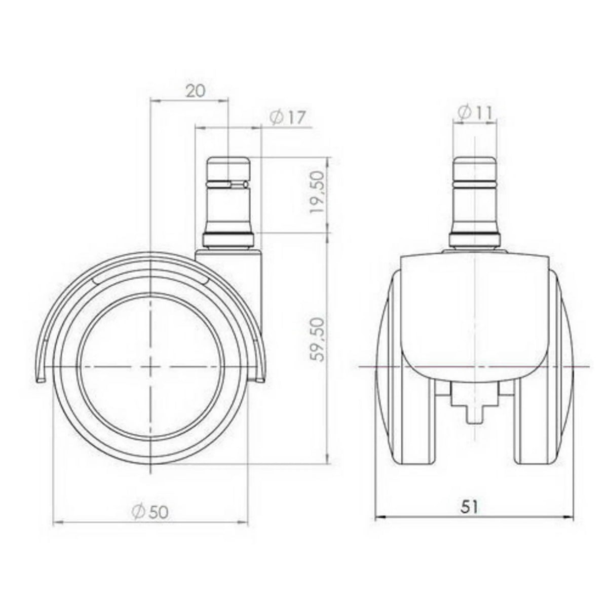 Teknisk ritning av Stol på hjul 5x ROLO FIX 11mm/50mm med en diameter på 50 mm från hjh OFFICE