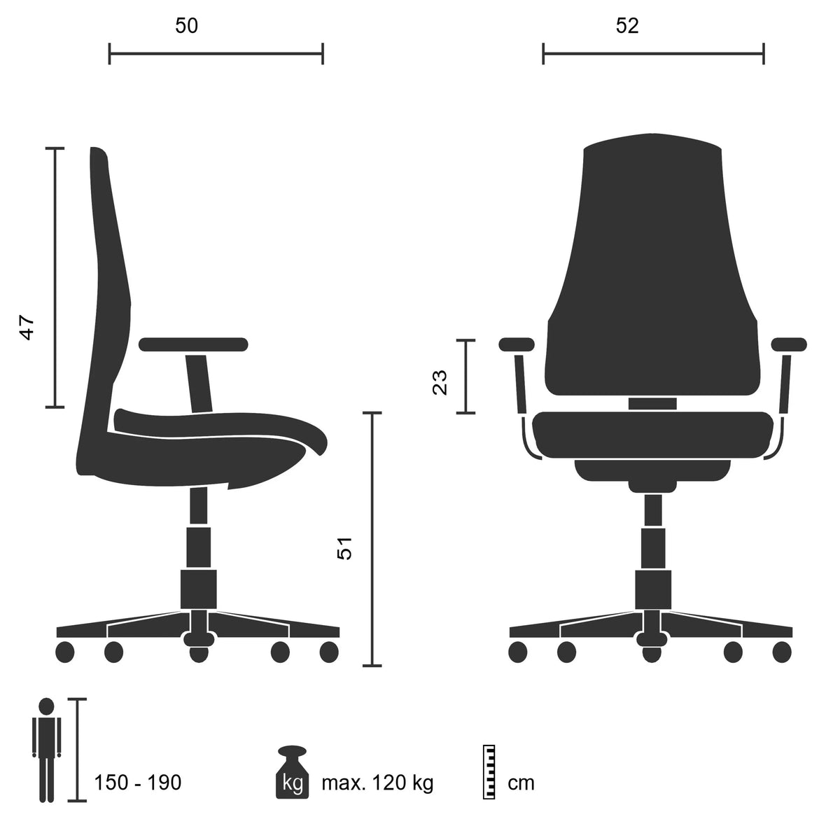 Teknisk ritning av besökarstolen PARIBA V IV med en maximal belastning på 120 kg från hjh OFFICE