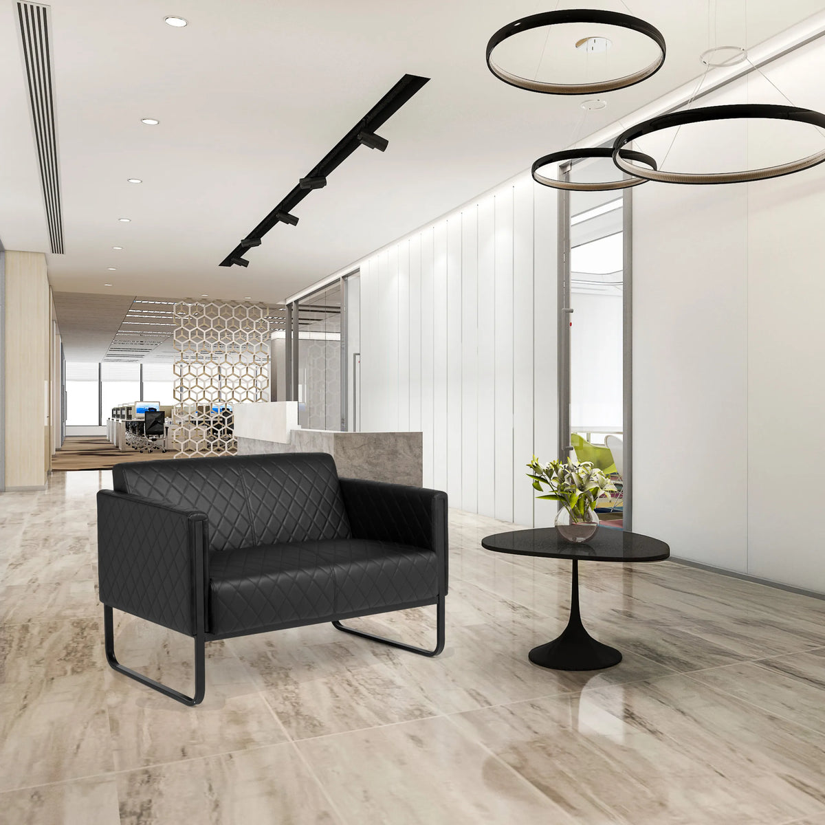 Svart 2-sits loungesoffa ARUBA BLACK med rombsömnad och metallram från hjh OFFICE