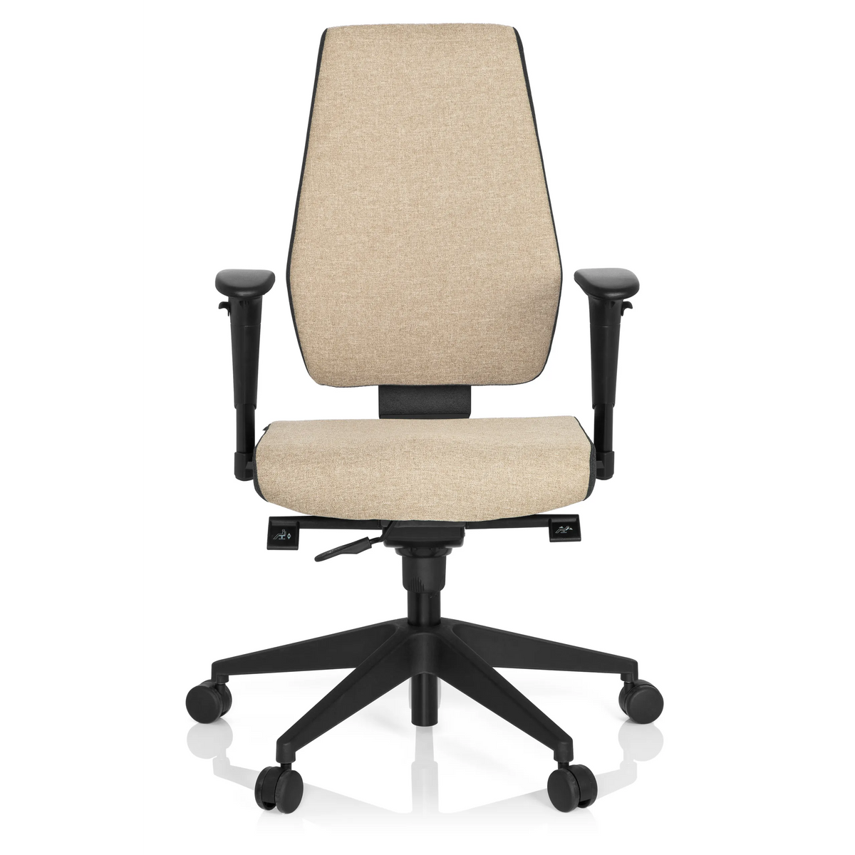 Beige Professionell kontorsstol PRO-TEC 500 med armstöd och ett svart femstjärnigt underrede med hjul från hjh OFFICE – 360-gradersvy (framifrån 0°)