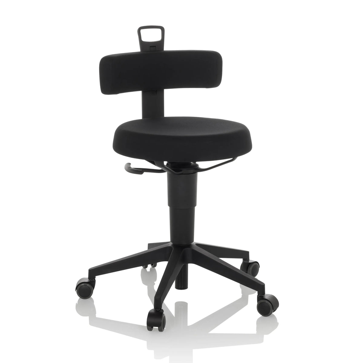 Svart Svängbar stol TOP WORK FLEX med ryggstöd, handtag och femhjuligt underrede från hjh OFFICE – 360-gradersvy (framifrån 15°)