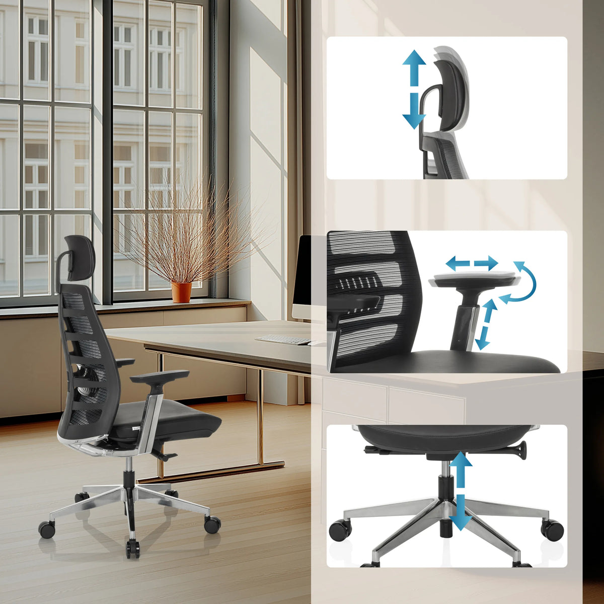 Justerbart nackstöd, armstöd och sitthöjd på Hög kontorsstol SPINIO ELITE L från hjh OFFICE