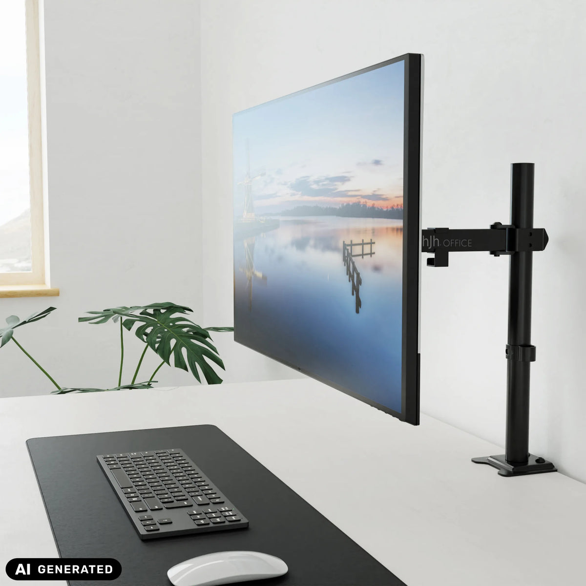Svart Ergomount M1 bildskärmshållare med en skärm monterad på ett skrivbord från hjh OFFICE (AI-genererad bild)