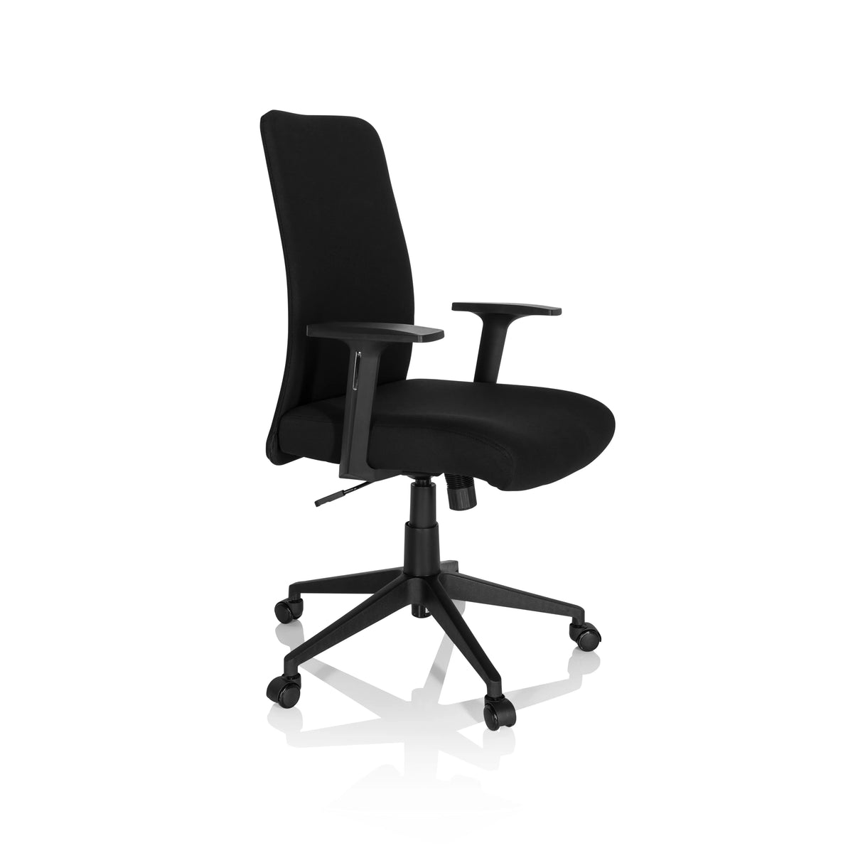 Schwarzer Home-Office-Bürostuhl COSIO I mit Armlehnen und Fußkreuz mit fünf Rollen von hjh OFFICE – 360-Grad-Ansicht (schräge Frontansicht 60°)