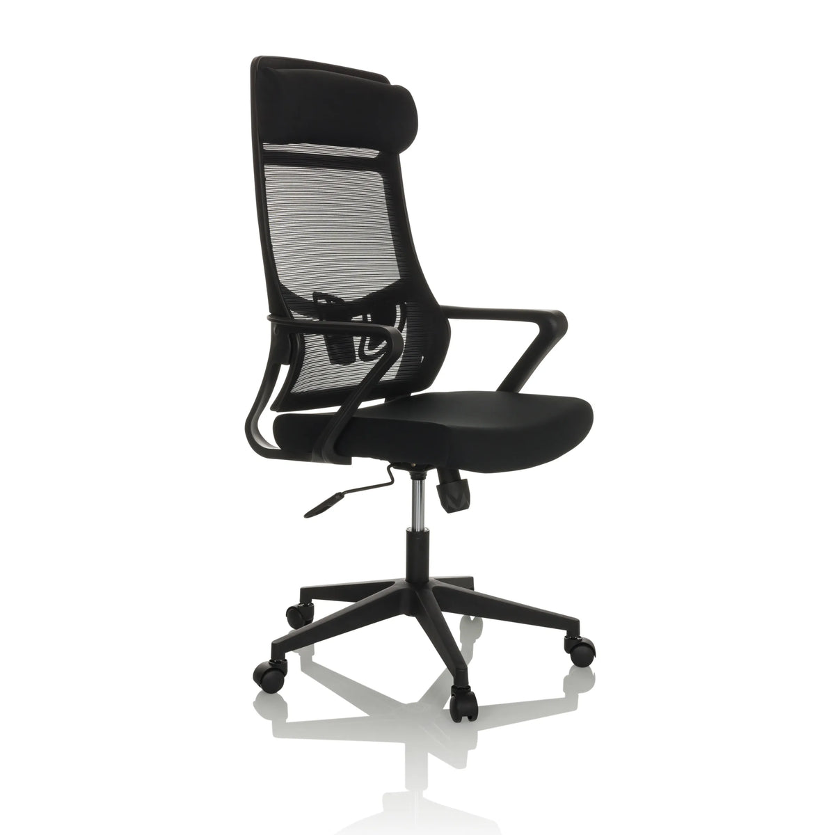 Svart Home Office kontorsstol NEKEO med nätrygg och femhjulig stjärnfot från hjh OFFICE – 360-gradersvy (snett framifrån 45°)
