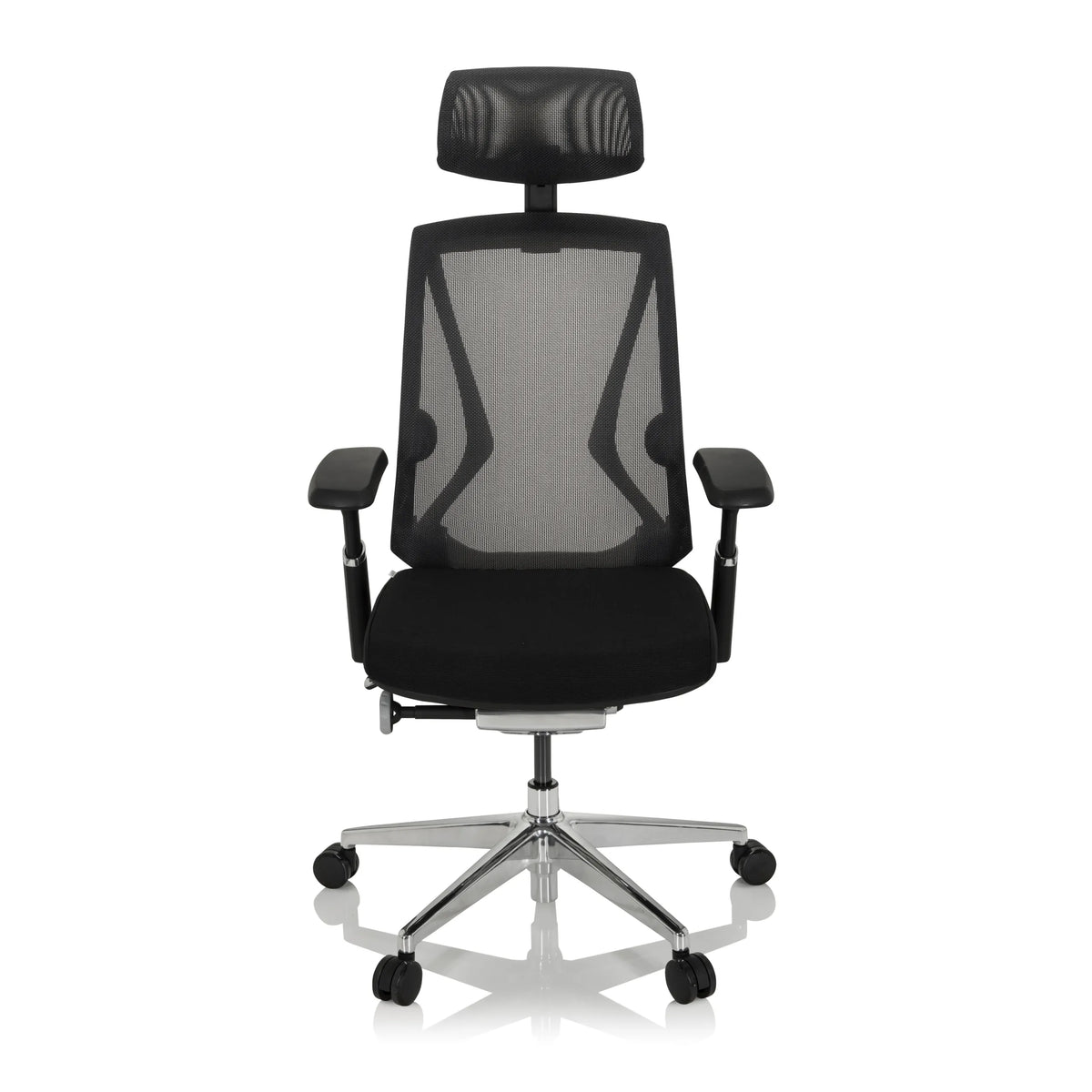 Svart Hög kontorsstol INSPERO med nätrygg, nackstöd och femhjulig bas från hjh OFFICE – 360-gradersvy (framifrån 0°)