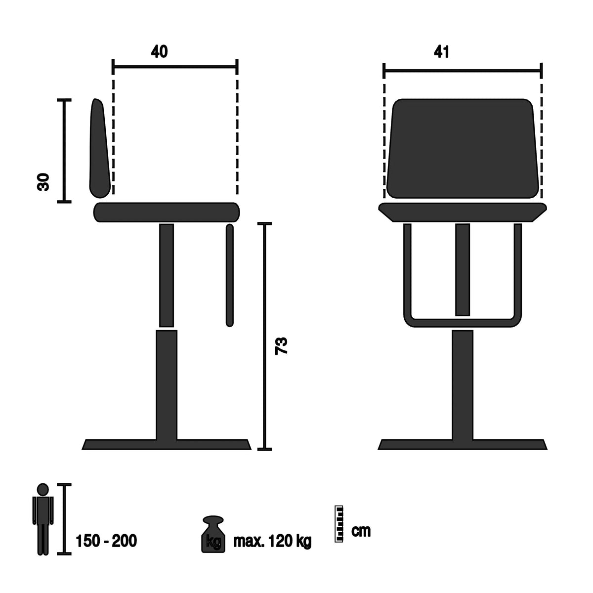 Teknisk ritning av Barstol SCANDI HIGH med en höjd på 73 cm från hjh LIVING