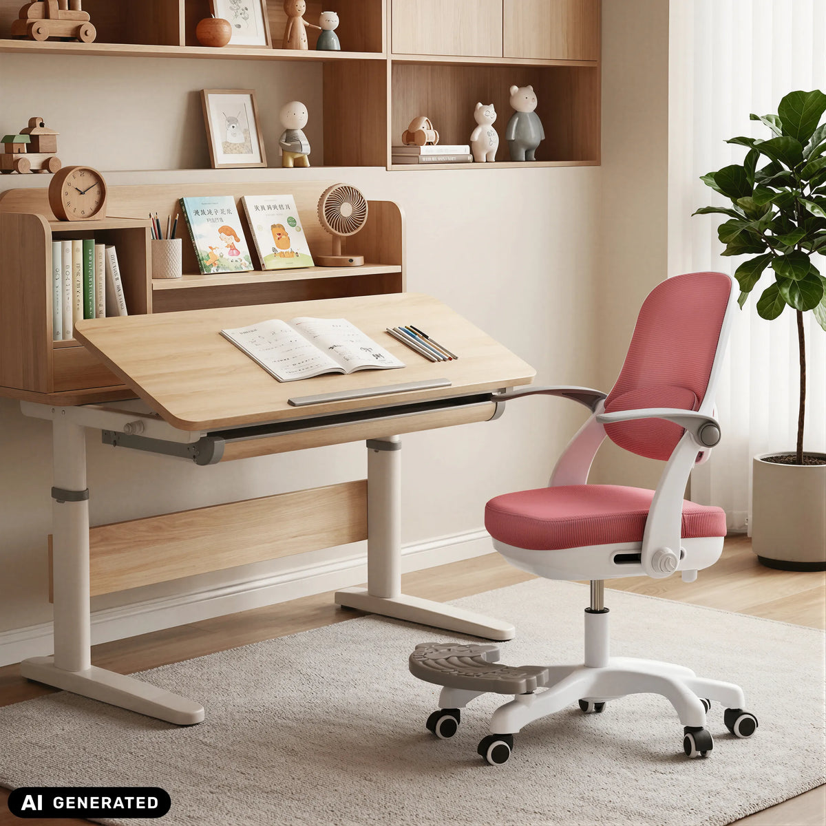 Rosa snurrstol för barn Kiddy Smart Step vid ett höj- och sänkbart skrivbord från hjh OFFICE (AI-genererad bild)