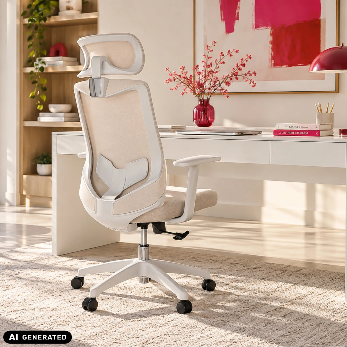 Home Office kontorsstol MIKEO W i beige vid ett skrivbord i ett ljust rum från hjh OFFICE