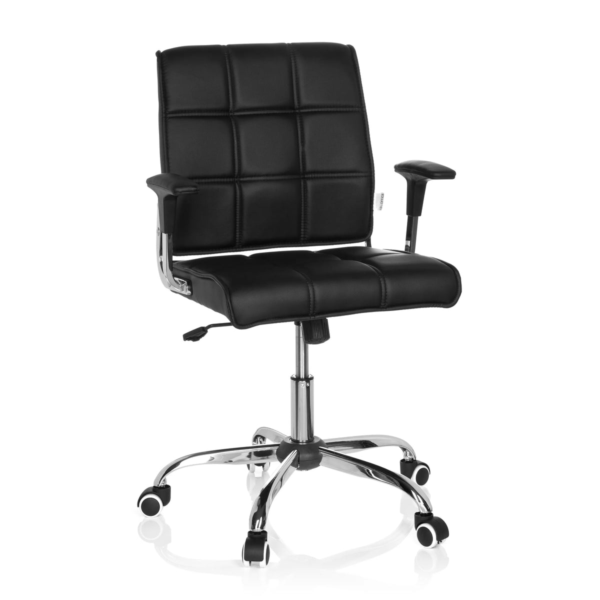 Svart Home Office kontorsstol ERNESTO med quiltad stoppning och femhjulig fotkorsbas från hjh OFFICE – 360-gradersvy (framifrån 20°)