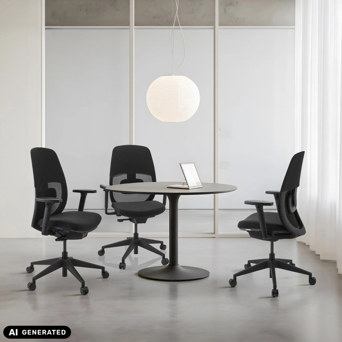 Tre professionella kontorsstolar Skandis i svart vid ett runt bord från hjh OFFICE (AI-genererad bild)