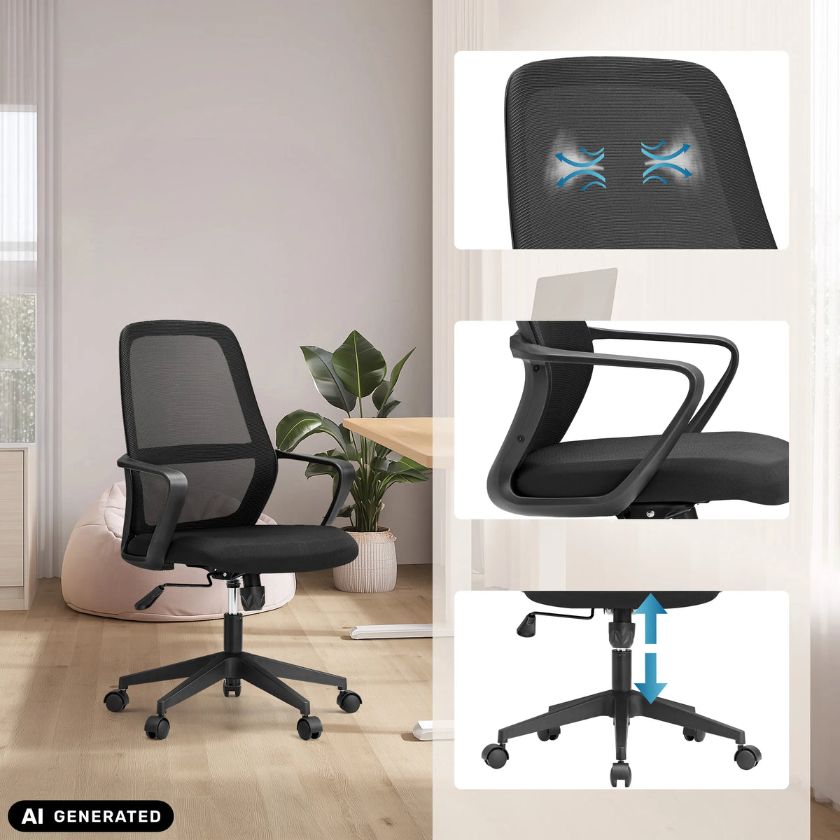 Home Office kontorsstol Explorer i svart med nätrygg, armstöd och gaslift från MyBuero (AI-genererad bild)