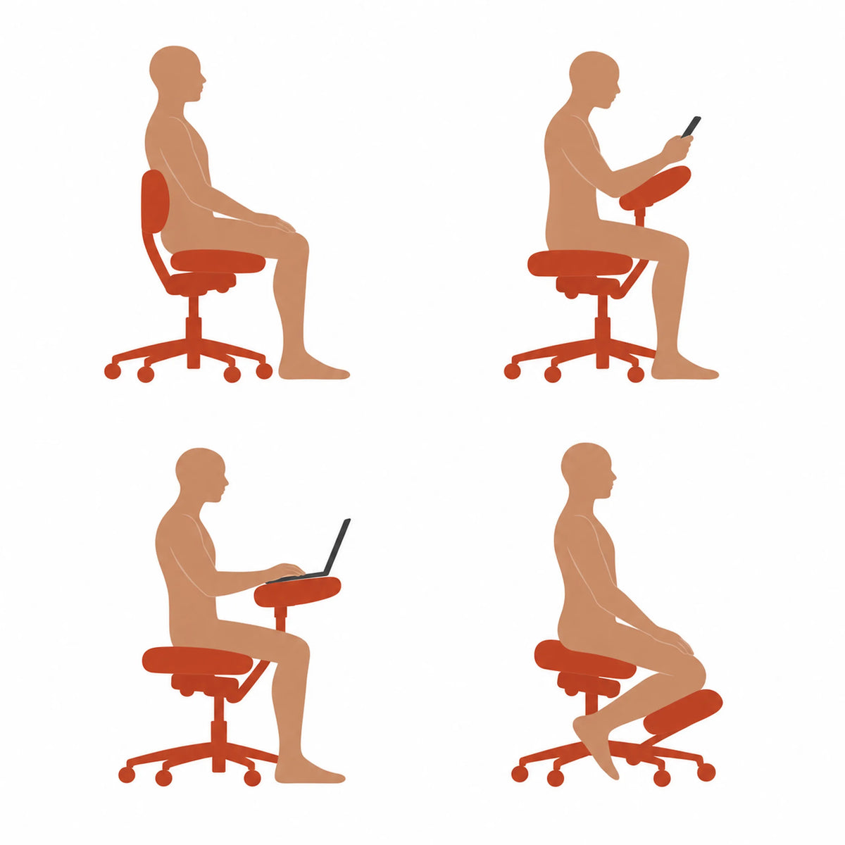 Schematisk framställning av fyra olika sittpositioner på EvoShift knästolen från hjh OFFICE
