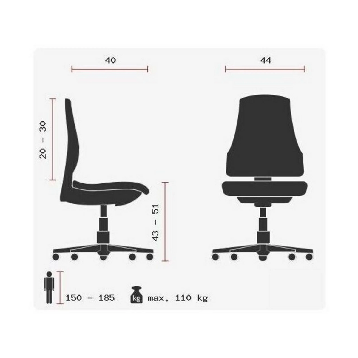 Teknisk ritning av Svängbar stol SITNESS 40 med en maximal belastning på 110 kg från Topstar
