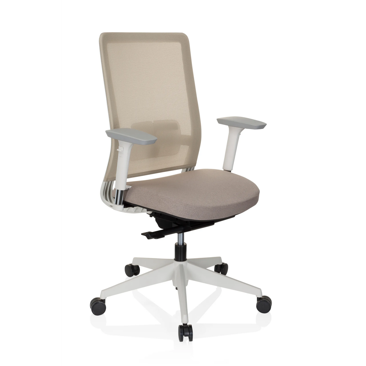 Beige Professionell kontorsstol PURE WHITE med nätrygg och femstjärnig fotkorsbas med hjul från hjh OFFICE – 360-gradersvy (snett framifrån 40°)