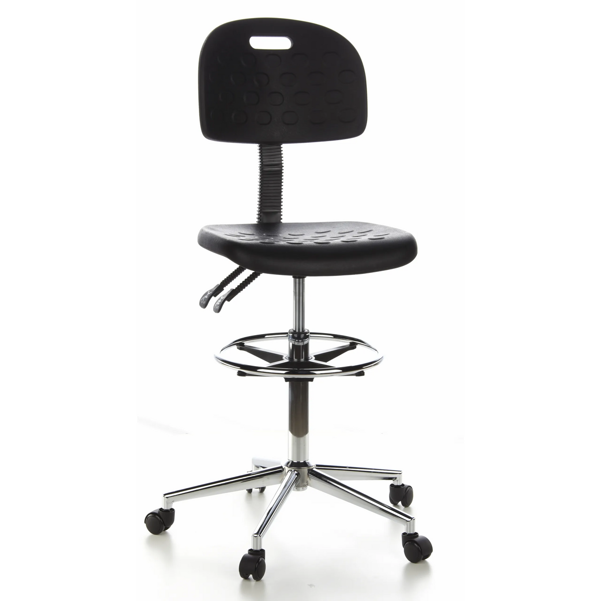Svart Bardiskstol TOP WORK 23 med fotring och femstjärnigt fotkors med hjul från hjh OFFICE – 360-gradersvy (framifrån 20°)
