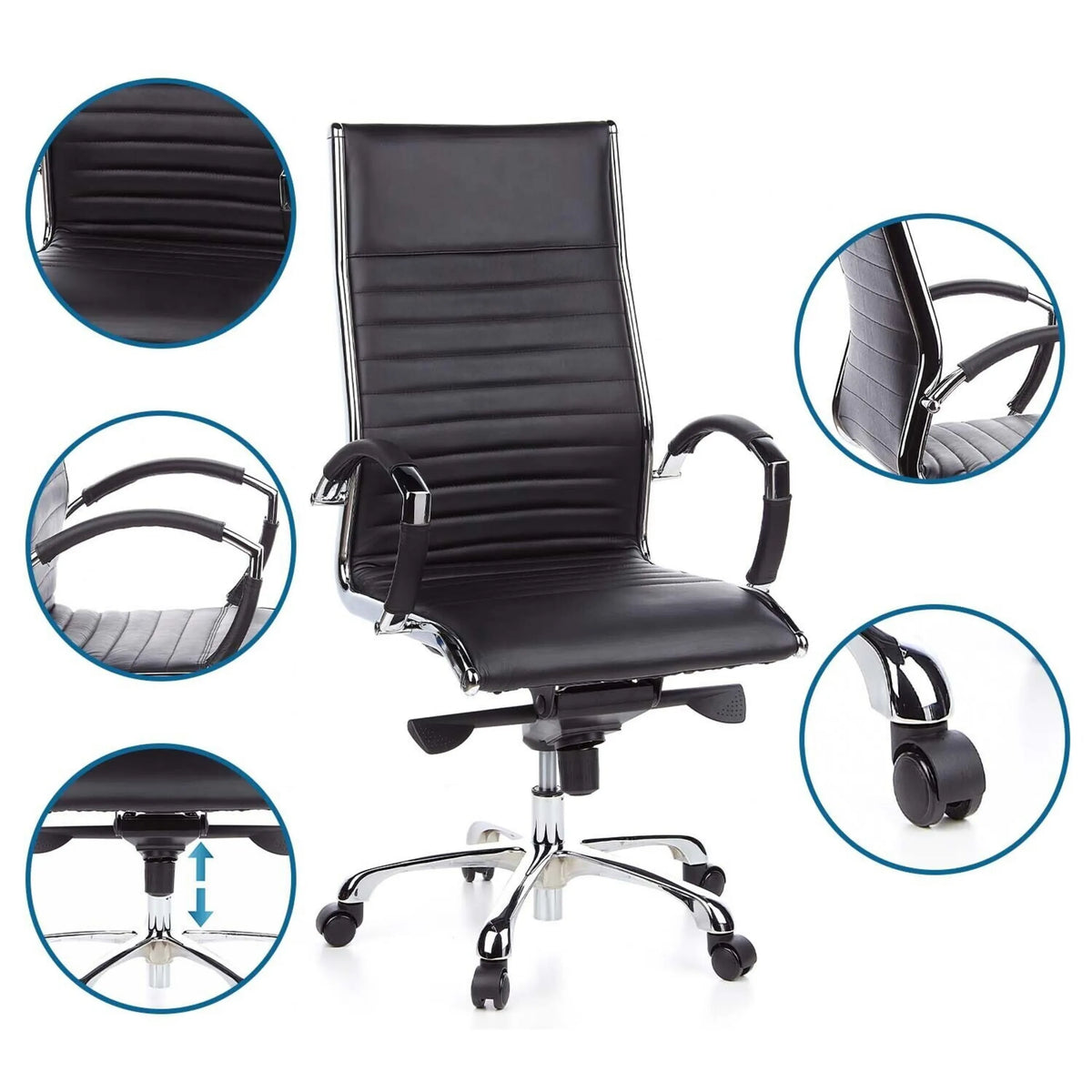 Svart Professionell chefsfåtölj PARMA 20 med detaljvyer av stoppning, armstöd, gasfjäder och hjul från hjh OFFICE