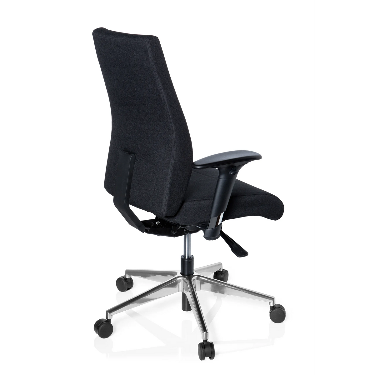 Svart Professionell kontorsstol PRO-TEC 250 med armstöd och femhjulig stjärnfot från hjh OFFICE – 360-gradersvy (snett bakifrån 120°)