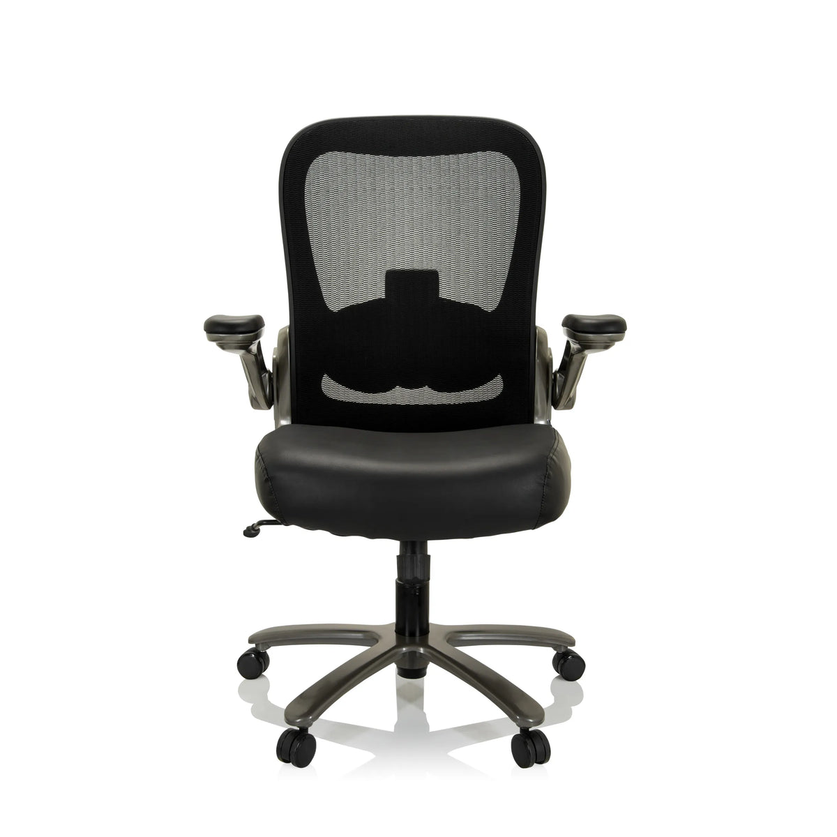 Svart XXL snurrstol INSTRUCTOR T I med nätrygg, lädersits och femhjulig stjärnfot från hjh OFFICE – 360-gradersvy (framifrån 0°)