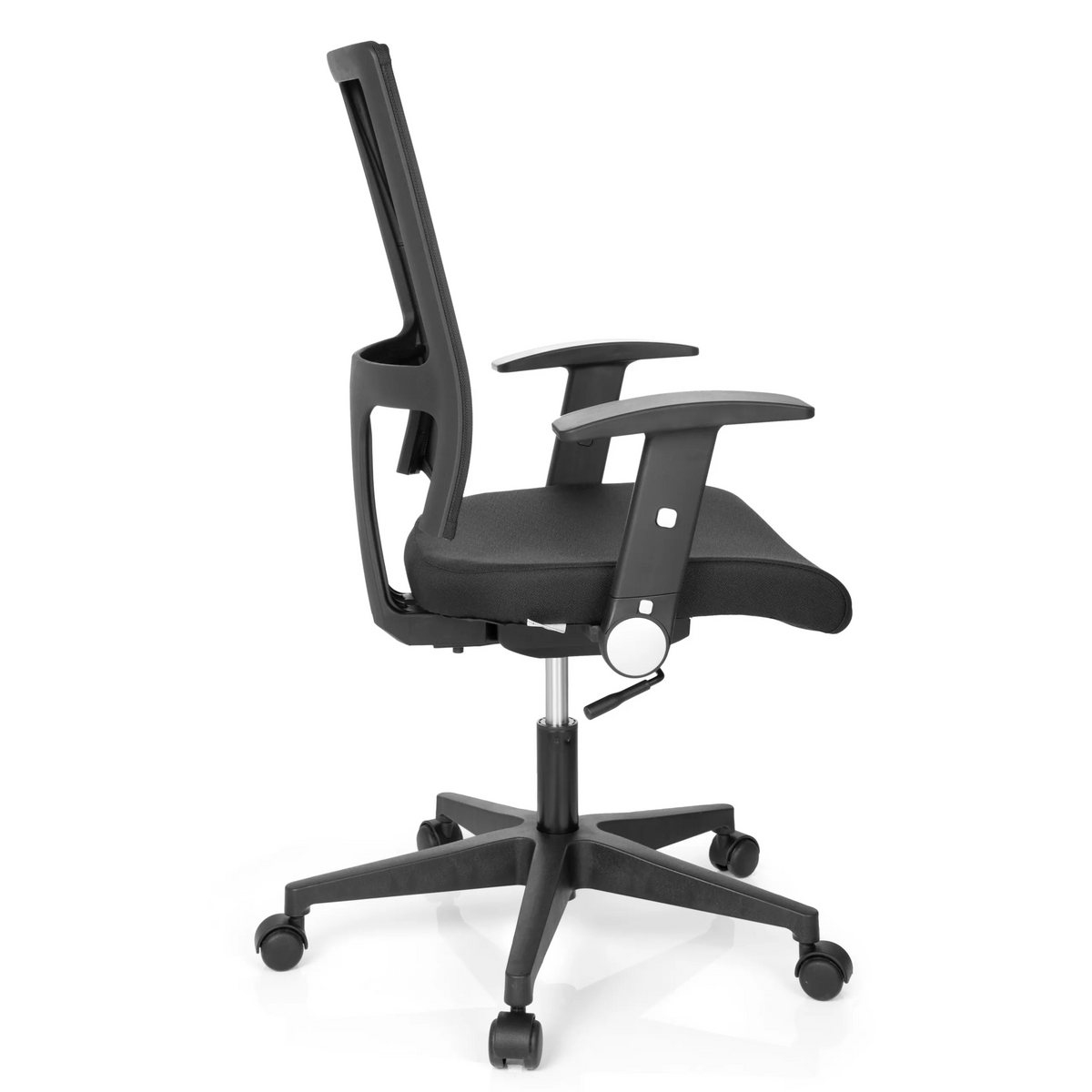 Svart Home Office kontorsstol OFFICE R8 med nätrygg och femhjulig fotkorsbas från hjh OFFICE – 360-gradersvy (sidoprofil 100°)