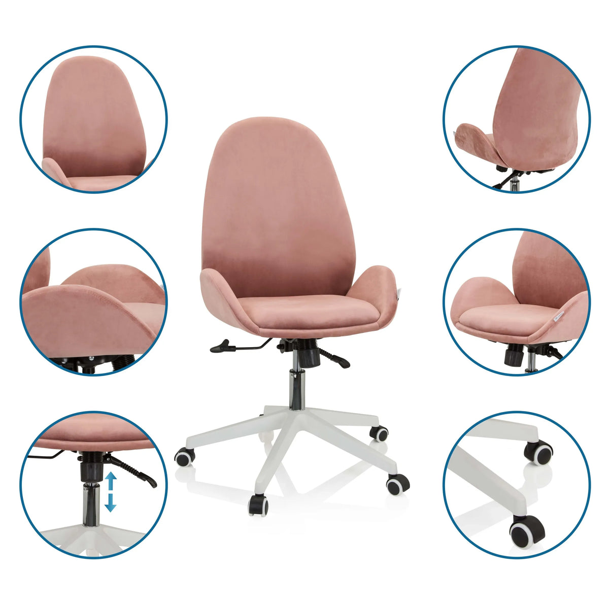 Rosa Home Office kontorsstol AVEA med detaljvyer av ryggstöd, gasfjäder och hjul från hjh OFFICE