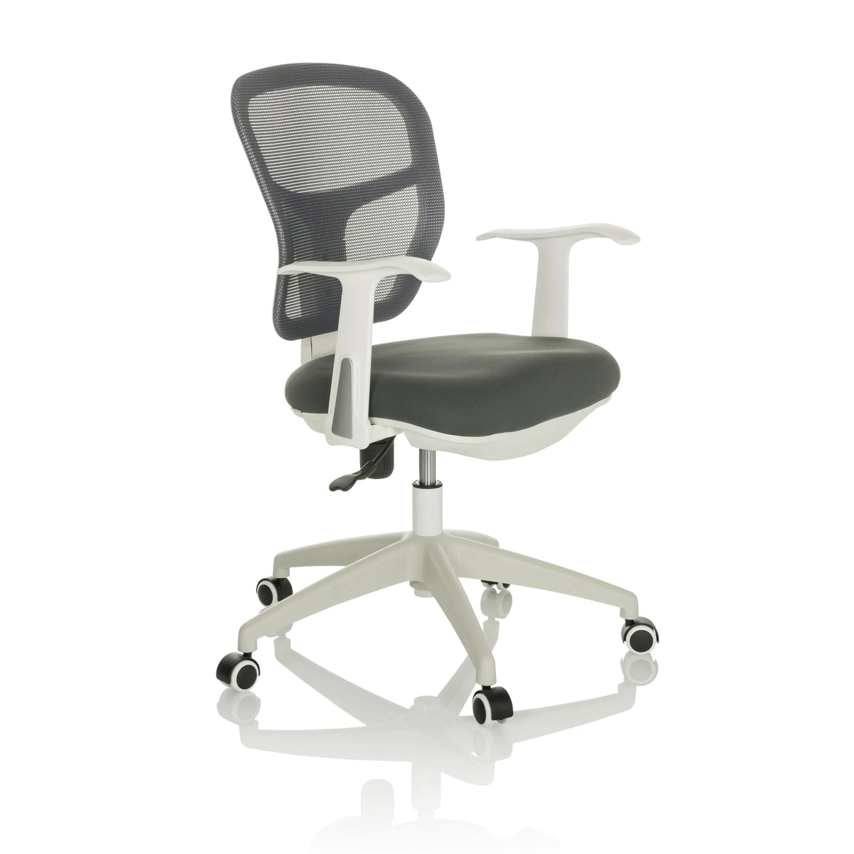 Grå Home Office kontorsstol TOP 108 W med nätrygg och femstjärnigt fotkors med hjul från hjh OFFICE – 360-gradersvy (snett framifrån 45°)