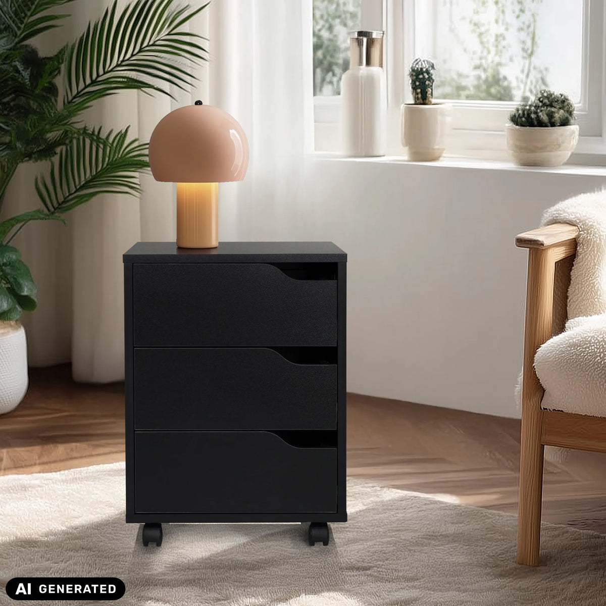 Svart ORGANISER I rullcontainer med tre lådor på hjul från hjh OFFICE (AI-genererad bild)